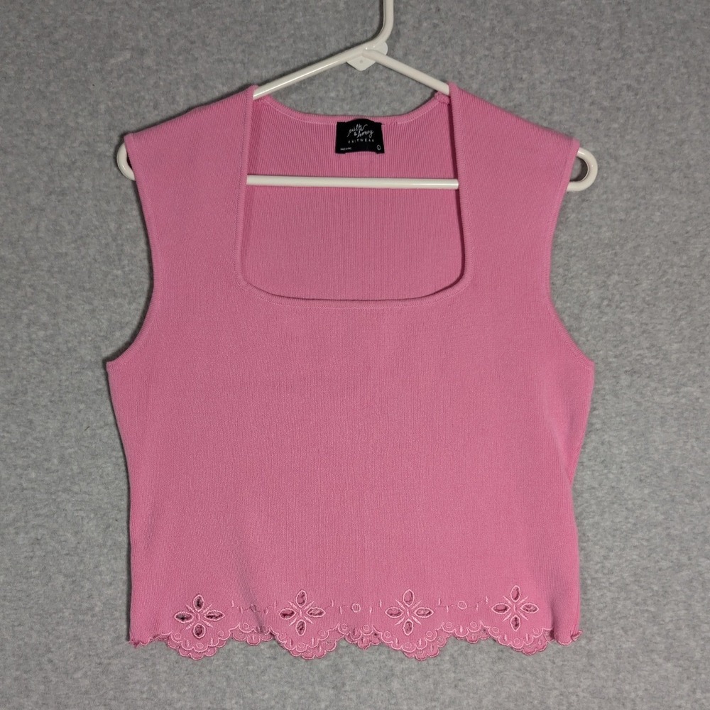 Milk & Honey Tank Top Women Large Pink Square Neck Eyelet Scalloped Hem Knit